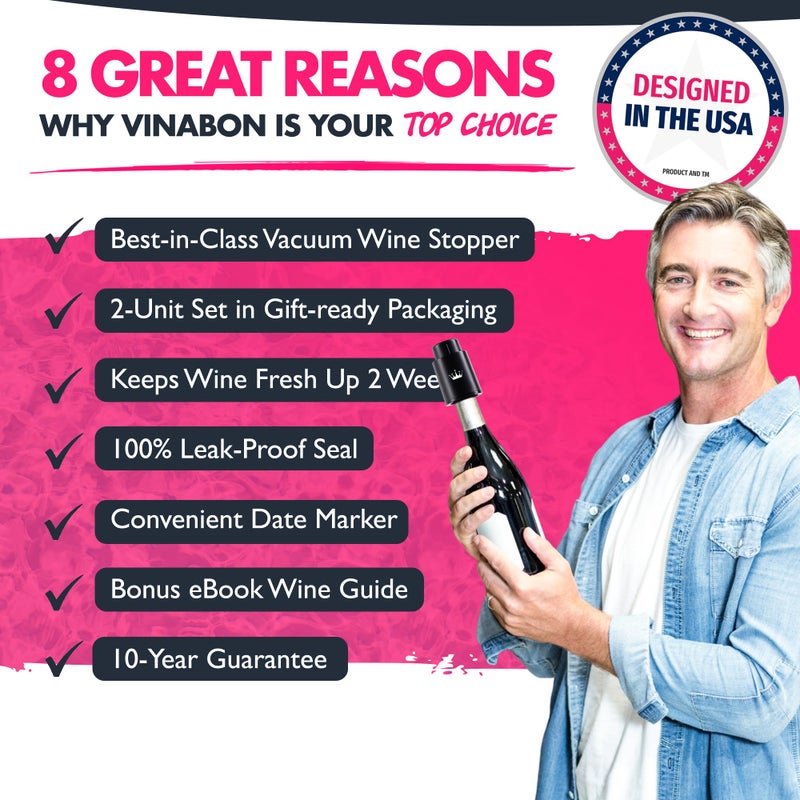 VINABON Vacuum Wine Stopper Set [Pack of 2] - Updated 2026 Preserves Freshness and Flavor for 15 Days. Improved One Pump Button Design, 100% Leak Proof Seal in Any Position. Includes WineGuide eBook - Image 2